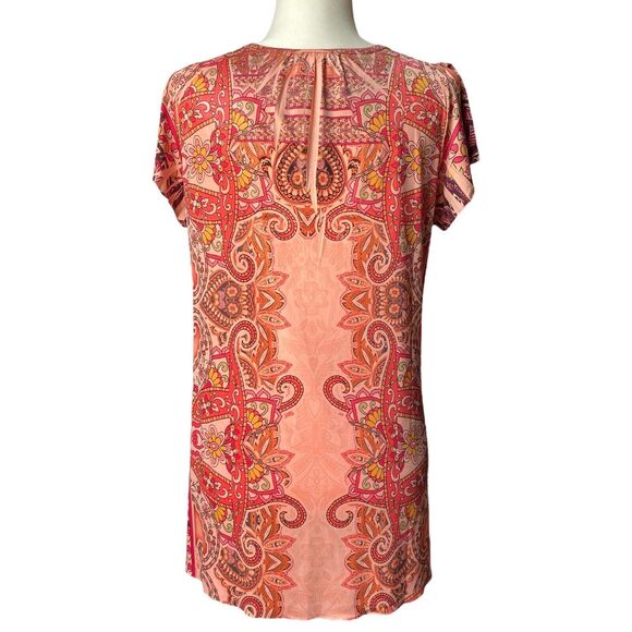 Apt.9 Womens Paisley Boho Blouse V-Neck Top Short Sleeve Orange Pink Size Large - Picture 4 of 7
